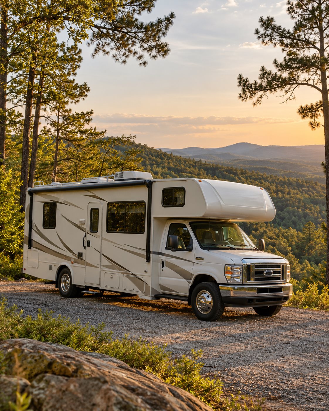 Cream motorhome parked at a wooded overlook in warm evening light